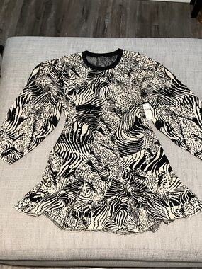 Anthropologie Black and Cream Abstract Zebra Peplum Dress